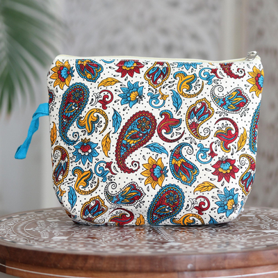 Cotton travel bag, 'Mumbai Tote' - Colorful Paisley Print  Zippered Pouch in 100% Cotton