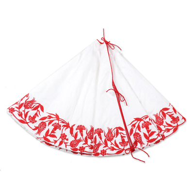 Embroidered tree skirt, 'Festive Leaves' - Embroidered Red and White Holiday Tree Skirt