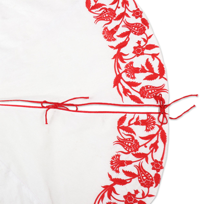 Embroidered tree skirt, 'Festive Leaves' - Embroidered Red and White Holiday Tree Skirt