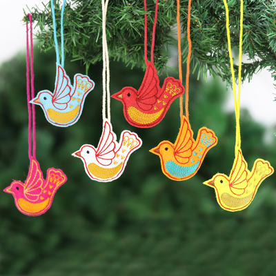 Embroidered wool holiday ornaments, 'Peace Messenger' (set of 6) - Embroidered Wool Bird-Motif Holiday Ornaments (Set of 6)