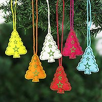 Embroidered wool holiday ornaments, 'Twinkling Trees' (set of 6) - Embroidered Wool Tree-Motif Holiday Ornaments (Set of 6)