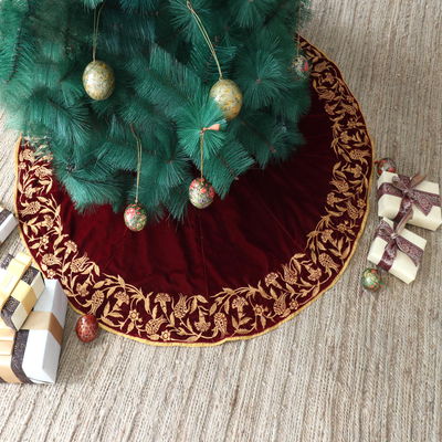 Embroidered velvet tree skirt, 'Silent Nights' - Embroidered Burgundy Velvet Holiday Tree Skirt