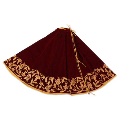 Embroidered velvet tree skirt, 'Silent Nights' - Embroidered Burgundy Velvet Holiday Tree Skirt