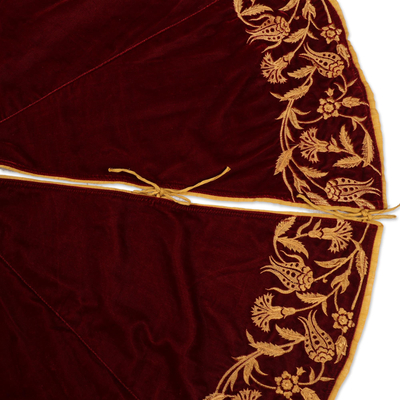 Falda de árbol de terciopelo bordado - Falda de árbol de vacaciones de terciopelo burdeos bordada