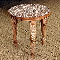 Wood inlay accent table, 'Luxurious Celebration' - Jamun Wood Inlay Accent Table with Floral Motif