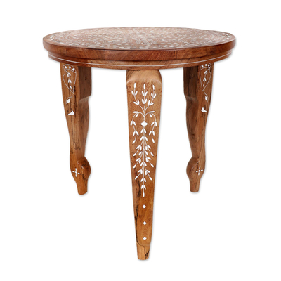 Wood inlay accent table, 'Luxurious Celebration' - Jamun Wood Inlay Accent Table with Floral Motif