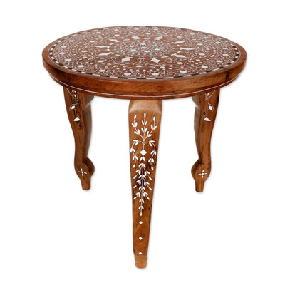 Jamun Wood Inlay Accent Table with Leaf Motif