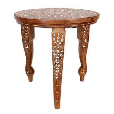 Wood inlay accent table, 'Star Power' - Jamun Wood Inlay Accent Table with Leaf Motif