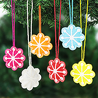 Embroidered wool holiday ornaments, 'Sparkling Snow' (set of 6) - Embroidered Wool Snowflake Holiday Ornaments (Set of 6)