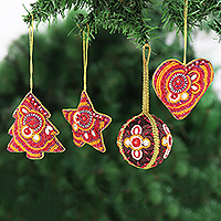 Beaded ornaments, 'Bollywood Christmas' (set of 4) - Hand Beaded and Embroidered Ornaments (Set of 4)