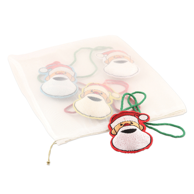 Embroidered wool holiday ornaments, 'Smiling Santa' (set of 4) - Embroidered Wool Santa Clause Holiday Ornaments (Set of 4)