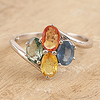 Rhodium plated sapphire cocktail ring, 'Indian Seasons' - Sterling Silver Cocktail Ring with Four Sapphires from India