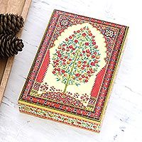 Papier mache jewelry box, 'Kashmir Flavor' - Artisan Crafted Tree Motif Jewelry Box