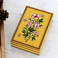 Papier mache jewelry box, 'Morning Sunshine' - Velvet-Lined Jewelry Box with Floral Motifs