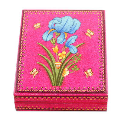 Decorative papier mache box, 'Pink Valley' - Decorative Papier Mache Box with Floral Motif