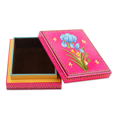 Decorative papier mache box, 'Pink Valley' - Decorative Papier Mache Box with Floral Motif