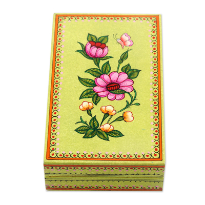 Decorative papier mache box, 'Morning Kiss' - Hand-Painted Papier Mache Box with Floral Motif