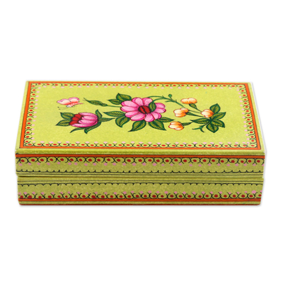 Decorative papier mache box, 'Morning Kiss' - Hand-Painted Papier Mache Box with Floral Motif