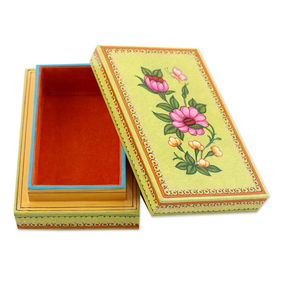 Caja decorativa de papel maché - Caja de papel maché pintada a mano con motivo floral