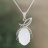 Rhodium-plated rainbow moonstone and emerald pendant necklace, 'Hidden Gem'