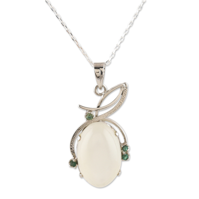 Rhodium-plated rainbow moonstone and emerald pendant necklace, 'Hidden Gem' - Rhodium-Plated Rainbow Moonstone and Emerald Necklace
