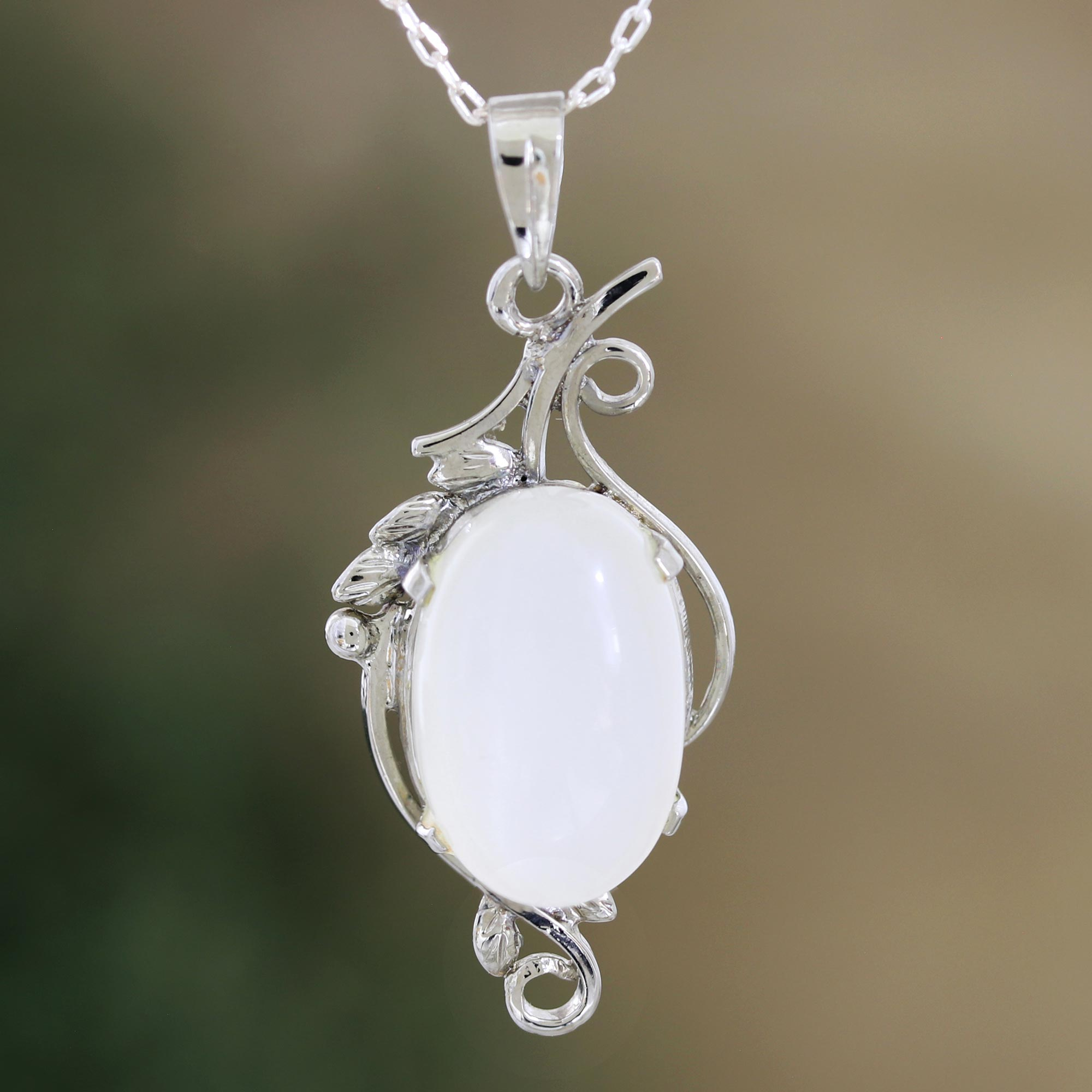 Rhodium-Plated Rainbow Moonstone Necklace from India - Lunar Glow | NOVICA