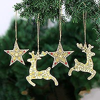 Beaded wood ornaments, 'Dazzling Noel' (set of 4) - Reindeer and Star Ornaments (Set of 4)