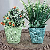 Keramik-Pflanzgefäße, „Plant Life in Square“ (Paar) – Keramik-Blumenpflanzgefäße mit Blumenmotiv (Paar)