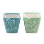 Ceramic planters, 'Plant Life in Square' (pair) - Ceramic Flower Planters with Floral Motif (Pair)