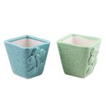 Ceramic planters, 'Plant Life in Square' (pair) - Ceramic Flower Planters with Floral Motif (Pair)
