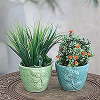 Ceramic planters, 'Plant Life in Round' (pair) - Hand Made Ceramic Flower Planters (Pair)