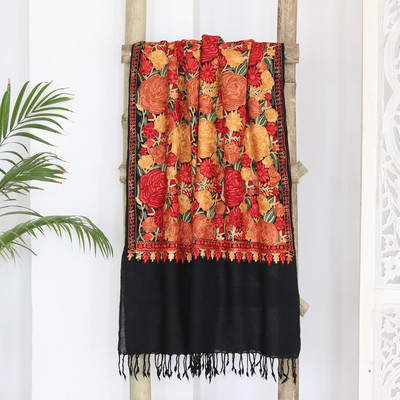 Wool chain stitch shawl, 'Kashmir Midnight' - Black Wool Shawl with Chain Stitch Embroidered Flowers