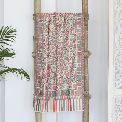 Wool kani shawl, 'Kashmir Ivory' - Indian Floral Motif Handwoven Wool Rectangular Kani Shawl