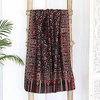 Richly Decorated India Floral Motif Handwoven Wool Shawl,'Kani Midnight'
