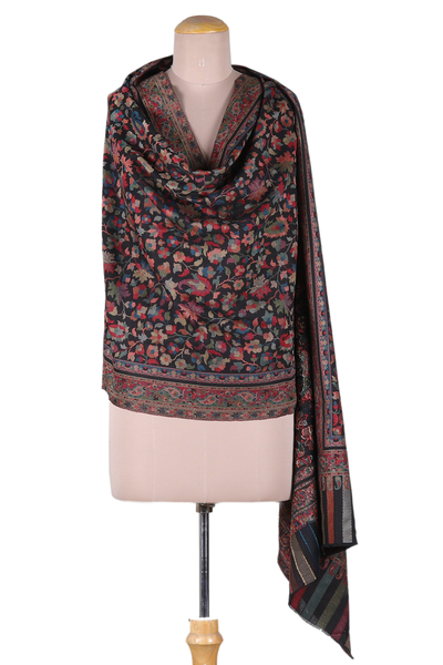 Wool kani shawl, 'Kani Midnight' - Richly Decorated India Floral Motif Handwoven Wool Shawl