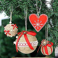 Wool and jute ornament set, 'Christmas Romance' (set of 4) - Handcrafted Christmas Ornaments (Set of 4)