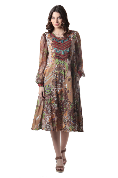 Embroidered viscose a-line dress, 'Royal Waves' - Embroidered Viscose Chiffon A-Line Dress