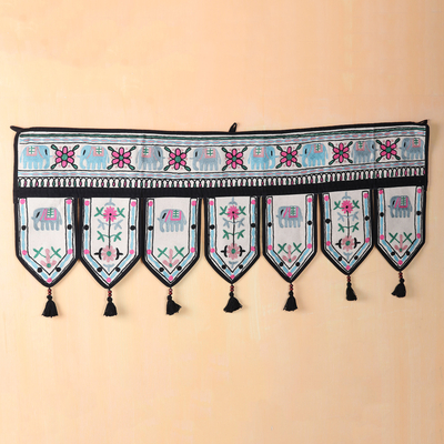 Embroidered cotton wall hanging, 'Asian Elephant' - Beaded Cotton Wall Hanging from India