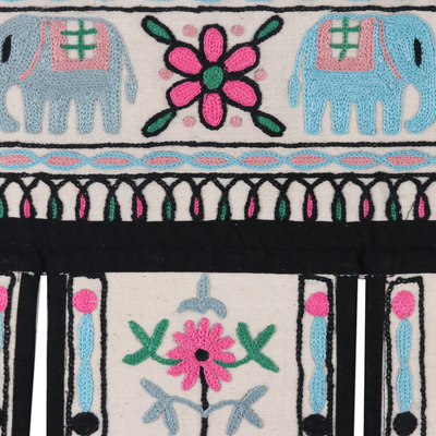 Embroidered cotton wall hanging, 'Asian Elephant' - Beaded Cotton Wall Hanging from India