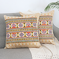 Embroidered cotton cushion covers, 'Merry Meeting' (set of 2) - Embroidered Cotton Cushion Covers from India (Set of 2)