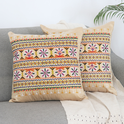Embroidered cotton cushion covers, 'Merry Meeting' (set of 2) - Embroidered Cotton Cushion Covers from India (Set of 2)