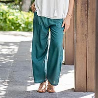 Viscose pants, 'Cool Classic in Green' - Green Viscose Twill Pants from India