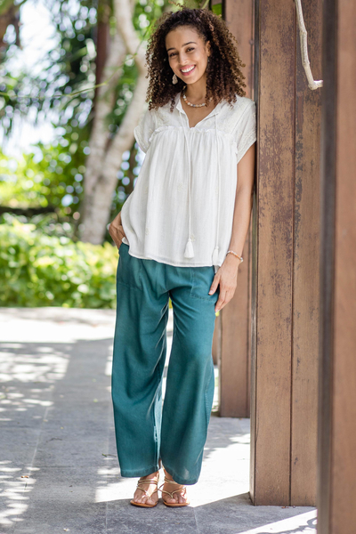 Stonewashed palazzo pants, 'Simple Style in Green' - Green Viscose Twill Pants from India