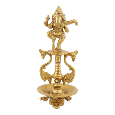 Decorative brass lamp, 'Light of Wisdom' - Decorative Brass Lamp with Ganesha Motif