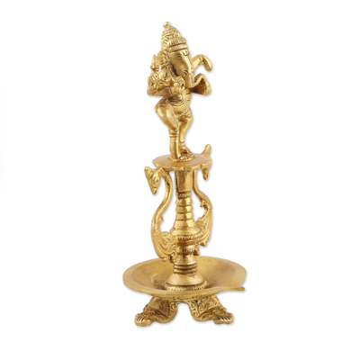 Decorative brass lamp, 'Light of Wisdom' - Decorative Brass Lamp with Ganesha Motif