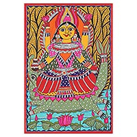 Madhubani painting, 'Goddess of the Ganges' - Madhubani Goddess Painting on Handmade Paper