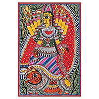Madhubani painting, 'Majestic Durga' - Madhubani Goddess Painting on Handmade Paper