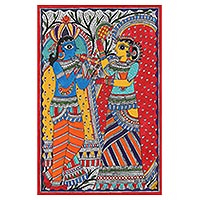 Pintura Madhubani, 'Compañía Divina' - Pintura Madhubani Krishna sobre papel hecho a mano