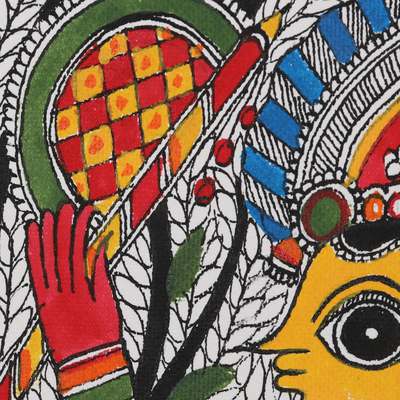 Madhubani painting, 'Divine Company' - Madhubani Krishna Painting on Handmade Paper