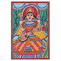 Madhubani painting, 'Saraswati's Song' - Acrylic Madhubani Painting on Handmade Paper